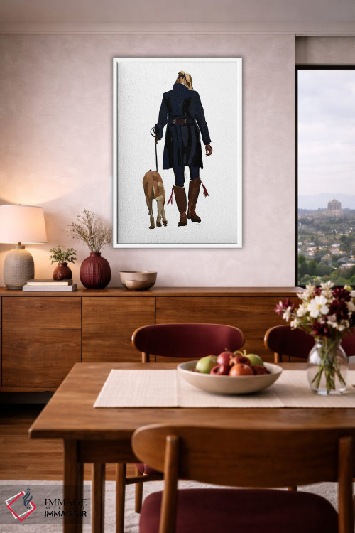 تابلو مینیمال دختر در حال پیاده روی با سگ اثر آملیا نویز - D4W