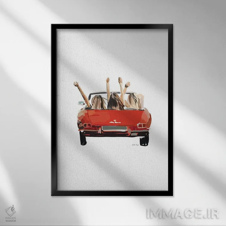 تابلو مینیمال ماشین دوستان دختر اثر آملیا نویز - نمای قابدار مشکی