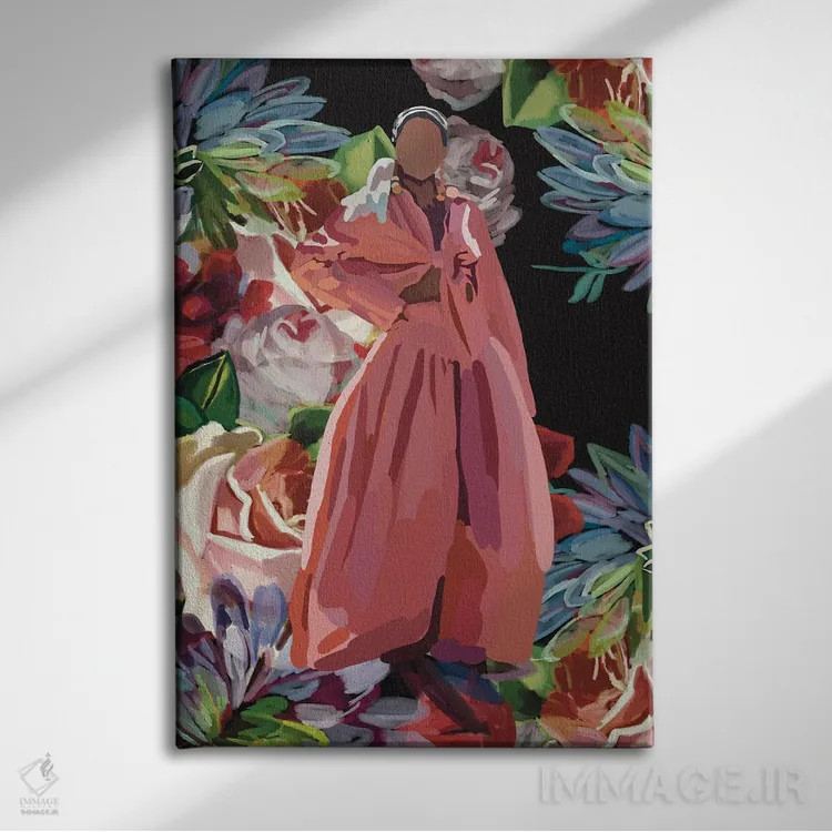 تابلو مدرن گلدار صورتی اثر آملیا نویز - نمای روبهرو روی دیوار