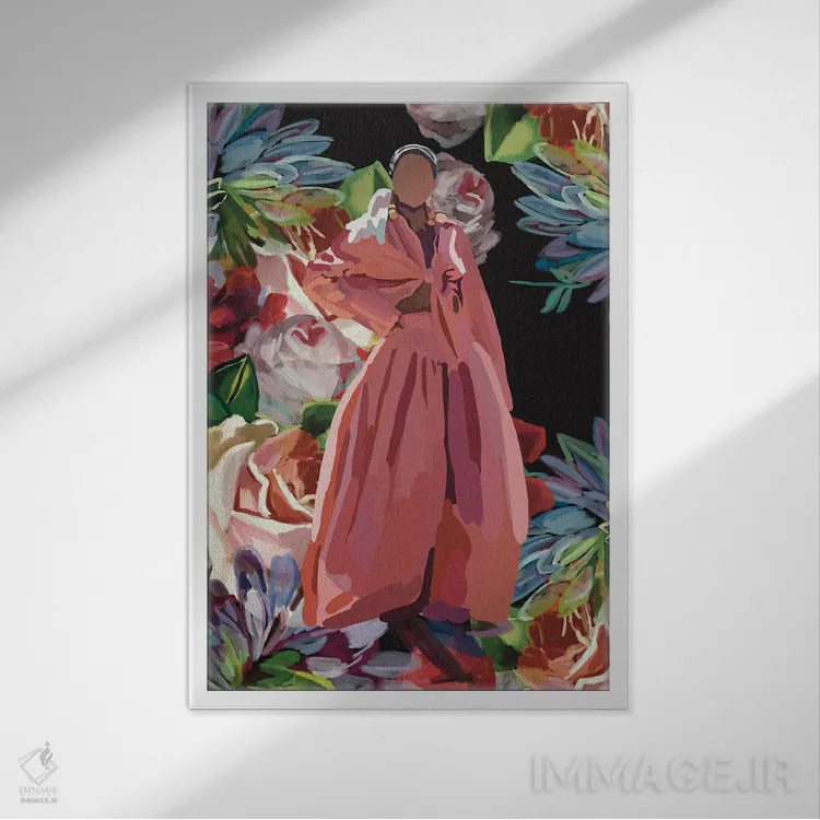 تابلو مدرن گلدار صورتی اثر آملیا نویز - نمای قابدار سفید