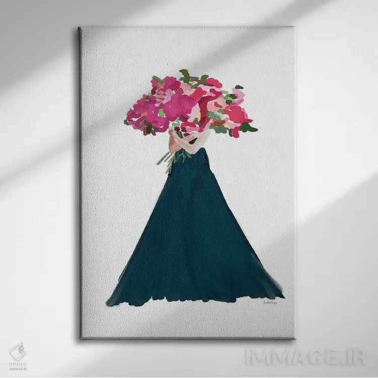 تابلو مینیمال زنان با گل های صورتی اثر آملیا نویز - نمای روبهرو روی دیوار