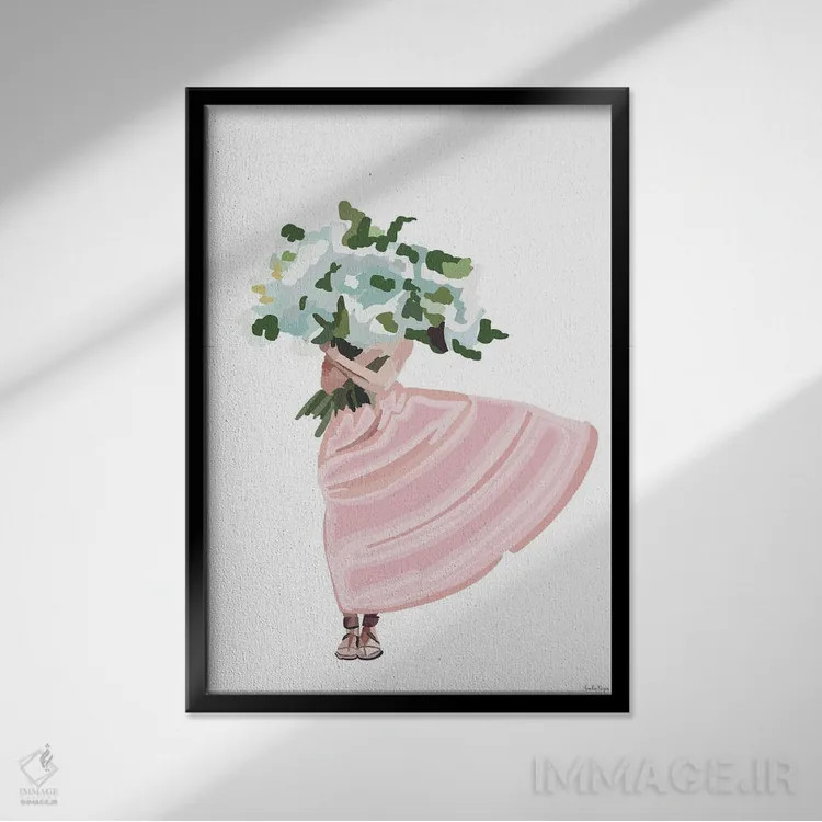 تابلو مینیمال پیراهن با گل های صورتی اثر آملیا نویز - نمای قابدار مشکی