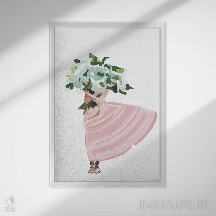 تابلو مینیمال پیراهن با گل های صورتی اثر آملیا نویز - نمای قابدار سفید