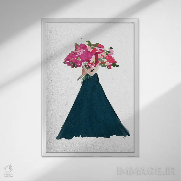 تابلو مینیمال زنان با گل های صورتی اثر آملیا نویز - نمای قابدار سفید