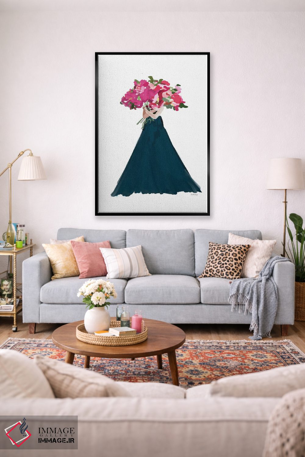 تابلو مینیمال زنان با گل های صورتی اثر آملیا نویز - D1B