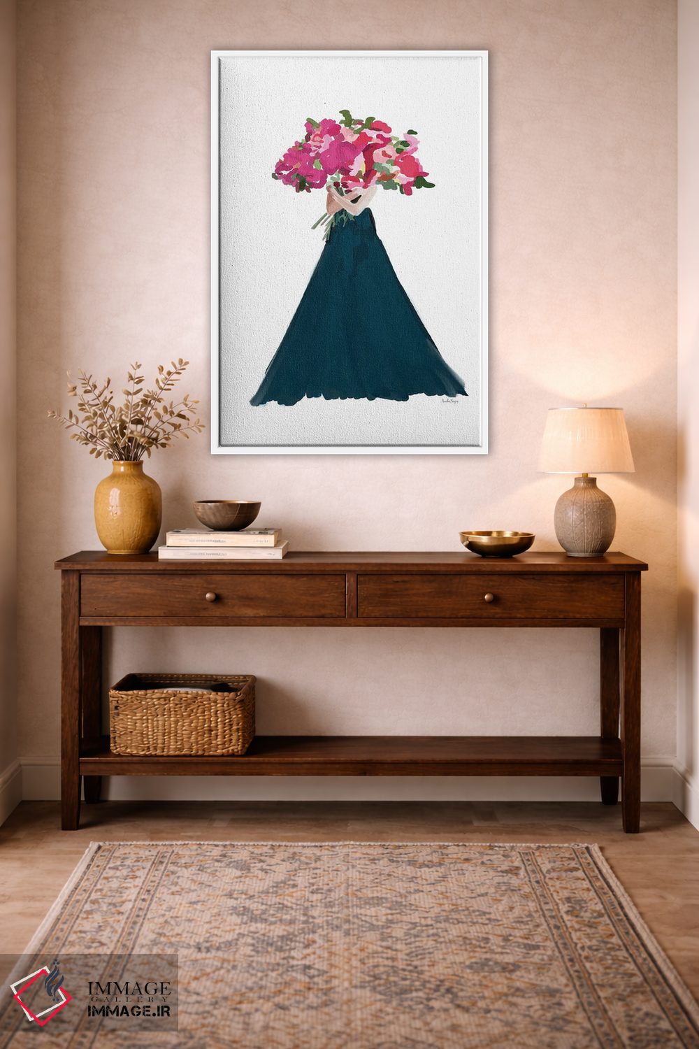 تابلو مینیمال زنان با گل های صورتی اثر آملیا نویز - D3W