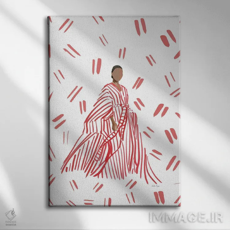 تابلو مینیمال مدگرای لباس شب قرمز اثر آملیا نویز - نمای روبهرو روی دیوار