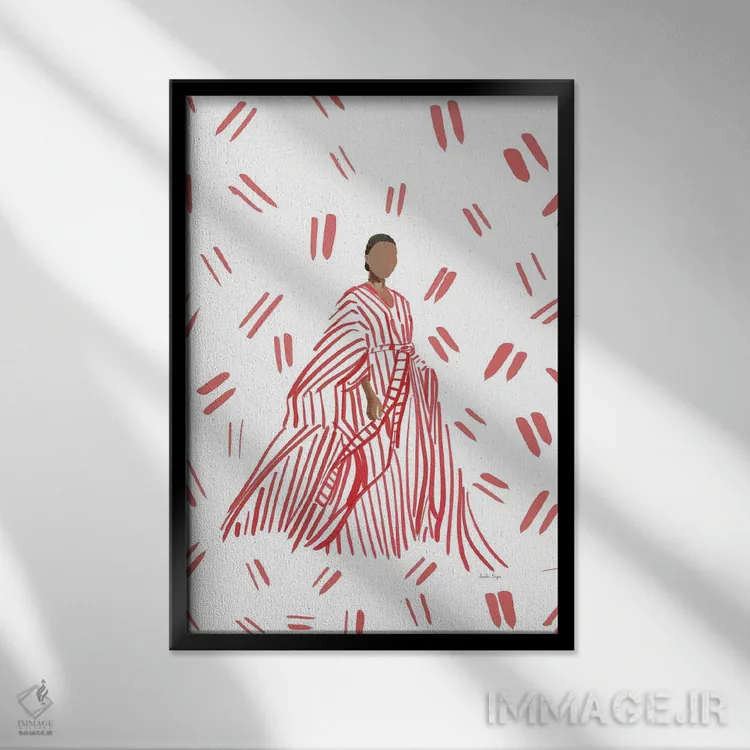 تابلو مینیمال مدگرای لباس شب قرمز اثر آملیا نویز - نمای قابدار مشکی