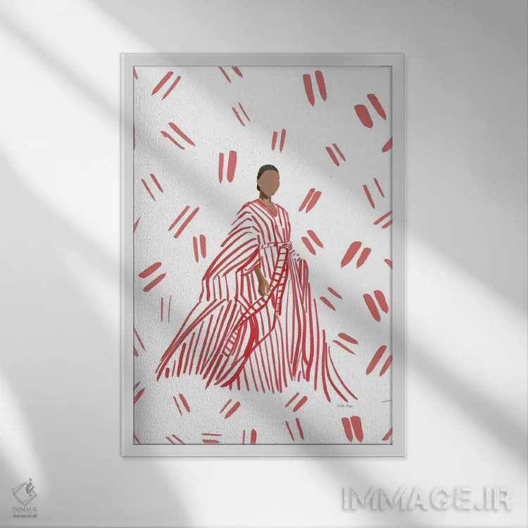 تابلو مینیمال مدگرای لباس شب قرمز اثر آملیا نویز - نمای قابدار سفید