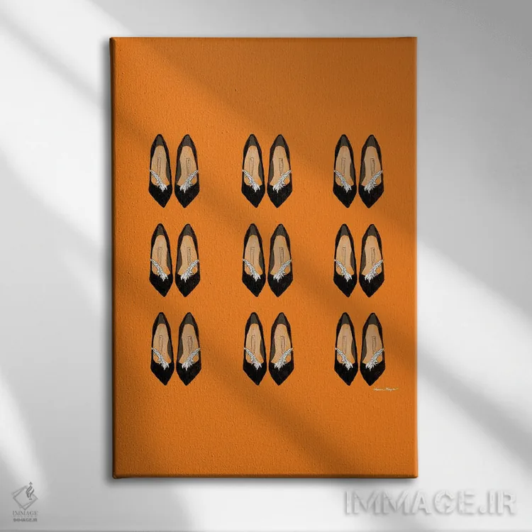 تابلو مینیمال تکرار پاشنه ها روی نارنجی اثر آملیا نویز - نمای روبهرو روی دیوار