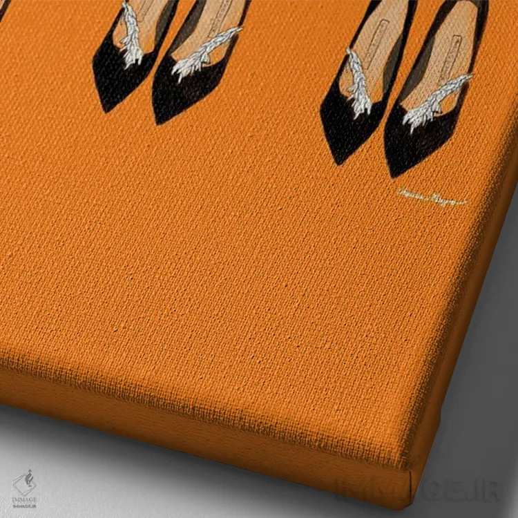 تابلو مینیمال تکرار پاشنه ها روی نارنجی اثر آملیا نویز - نمای نزدیک بافت بوم