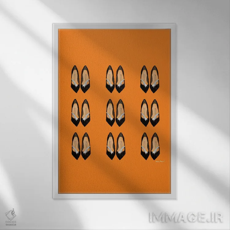 تابلو مینیمال تکرار پاشنه ها روی نارنجی اثر آملیا نویز - نمای قابدار سفید