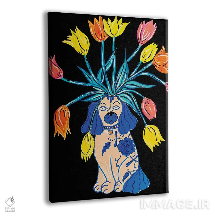 تابلو دکوراتیو سگ استافوردشایر با گل های لاله اثر نیکولتا پینتس - نمای پرسپکتیو محصول