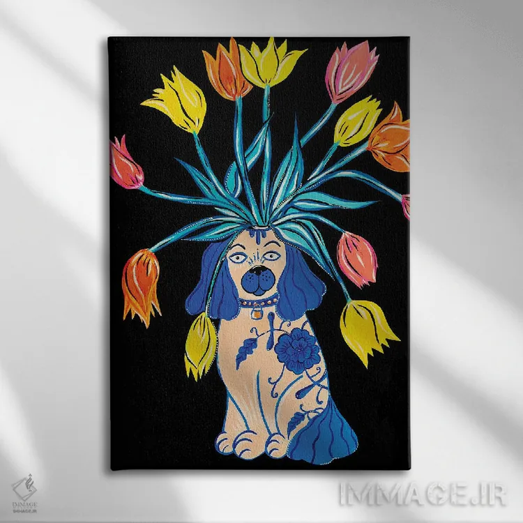 تابلو دکوراتیو سگ استافوردشایر با گل های لاله اثر نیکولتا پینتس - نمای روبهرو روی دیوار