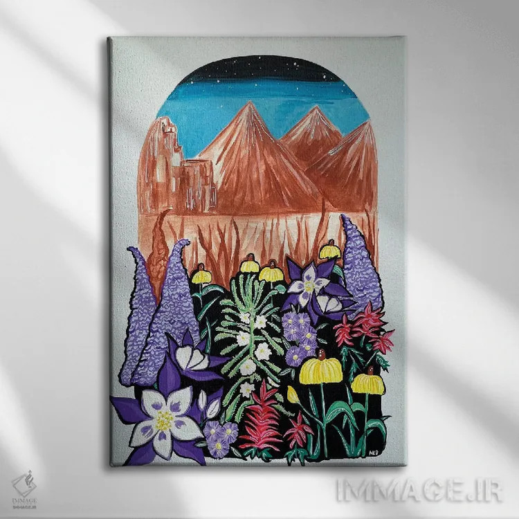 تابلو دکوراتیو گل های وحشی کلرادو و منظره کوهستان اثر نیکولتا پینتس - نمای روبهرو روی دیوار
