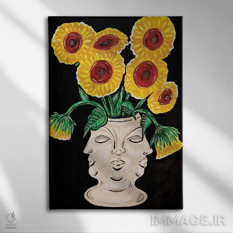 تابلو دکوراتیو گلدان چهره با گل های آفتابگردان اثر نیکولتا پینتس - نمای روبهرو روی دیوار