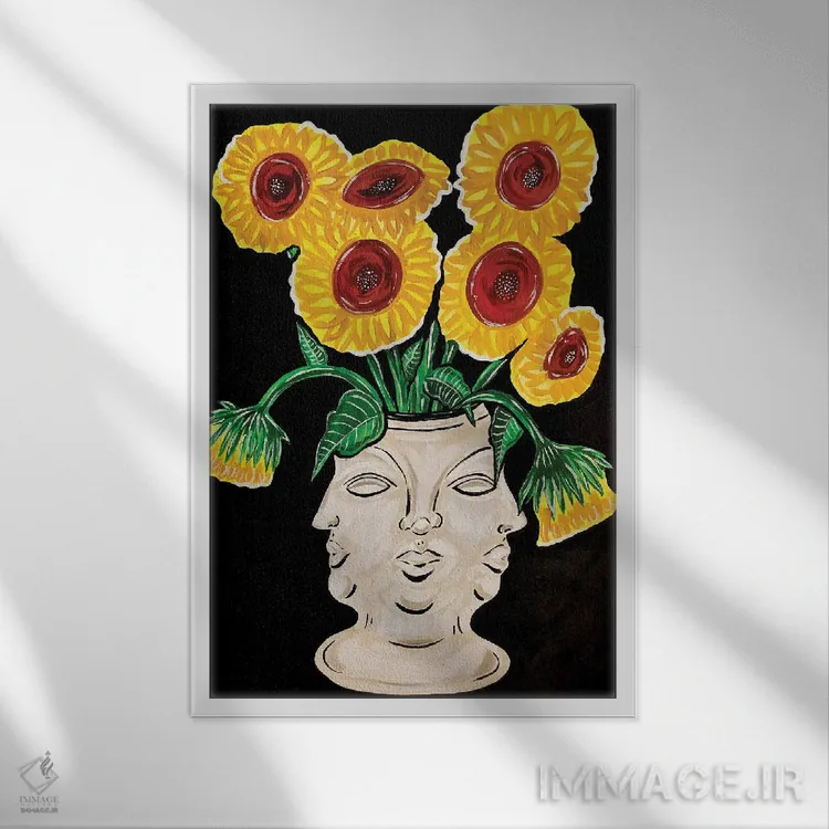 تابلو دکوراتیو گلدان چهره با گل های آفتابگردان اثر نیکولتا پینتس - نمای قابدار سفید