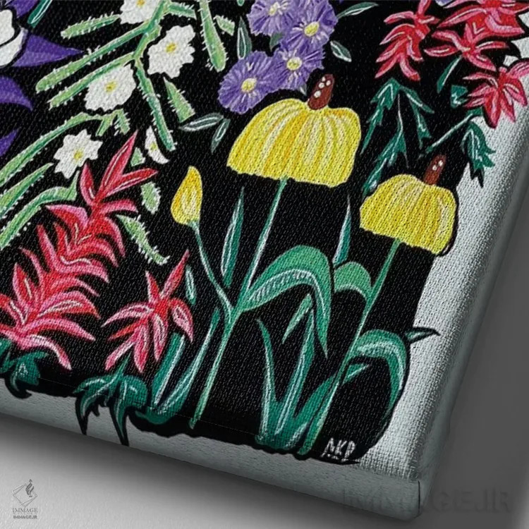 تابلو دکوراتیو گل های وحشی کلرادو و منظره کوهستان اثر نیکولتا پینتس - نمای نزدیک بافت بوم