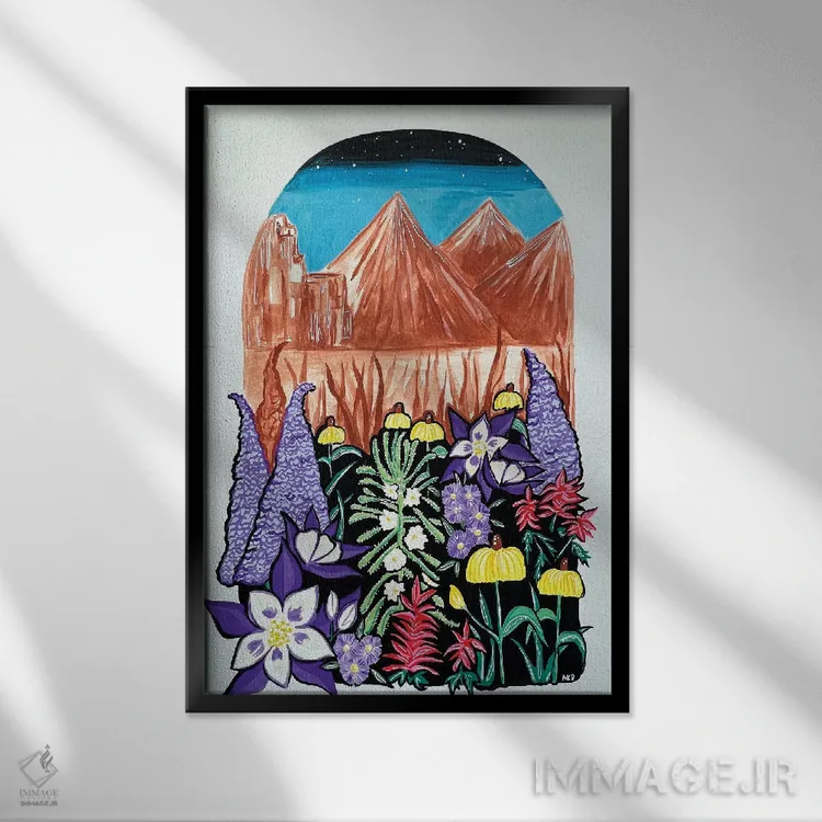 تابلو دکوراتیو گل های وحشی کلرادو و منظره کوهستان اثر نیکولتا پینتس - نمای قابدار مشکی
