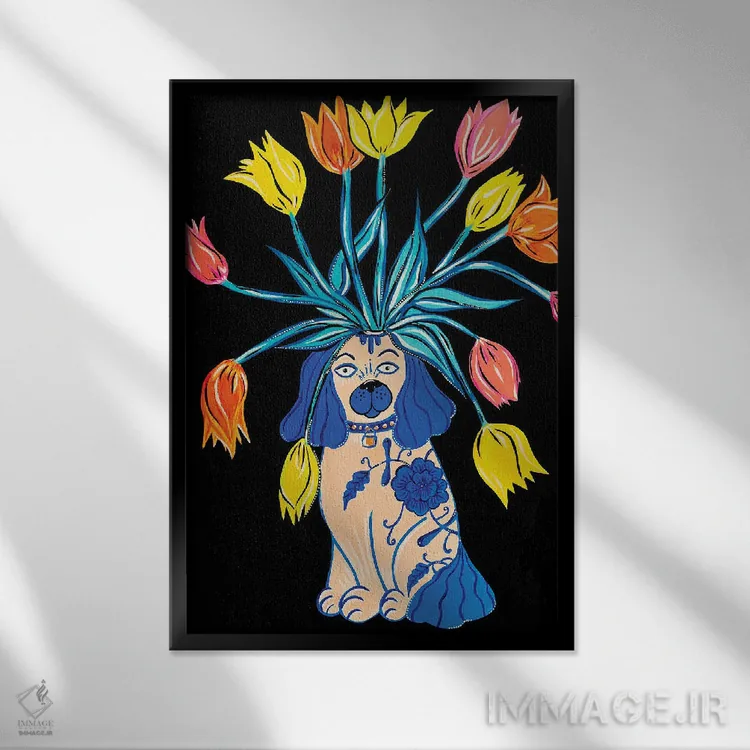 تابلو دکوراتیو سگ استافوردشایر با گل های لاله اثر نیکولتا پینتس - نمای قابدار مشکی