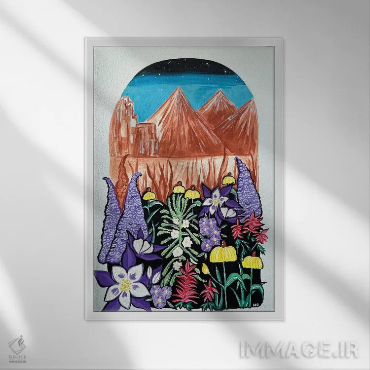 تابلو دکوراتیو گل های وحشی کلرادو و منظره کوهستان اثر نیکولتا پینتس - نمای قابدار سفید