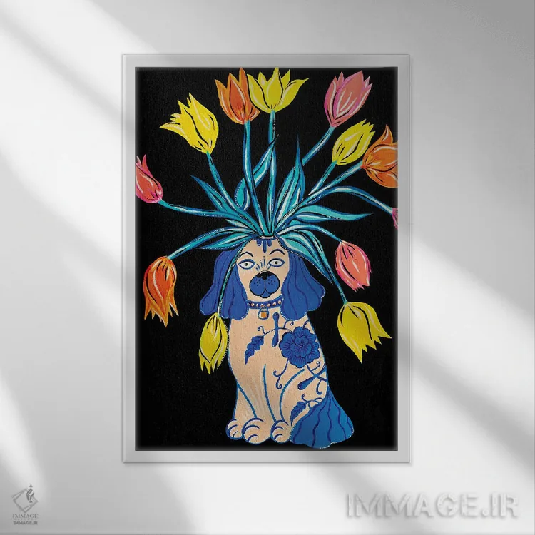 تابلو دکوراتیو سگ استافوردشایر با گل های لاله اثر نیکولتا پینتس - نمای قابدار سفید