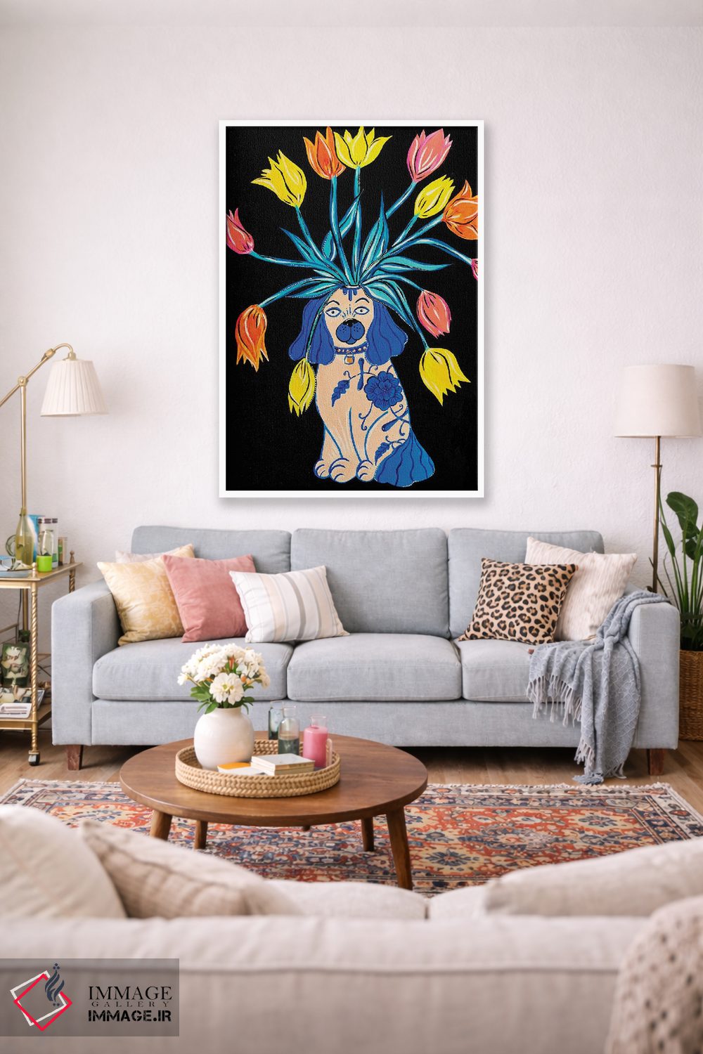 تابلو دکوراتیو سگ استافوردشایر با گل های لاله اثر نیکولتا پینتس - D1W