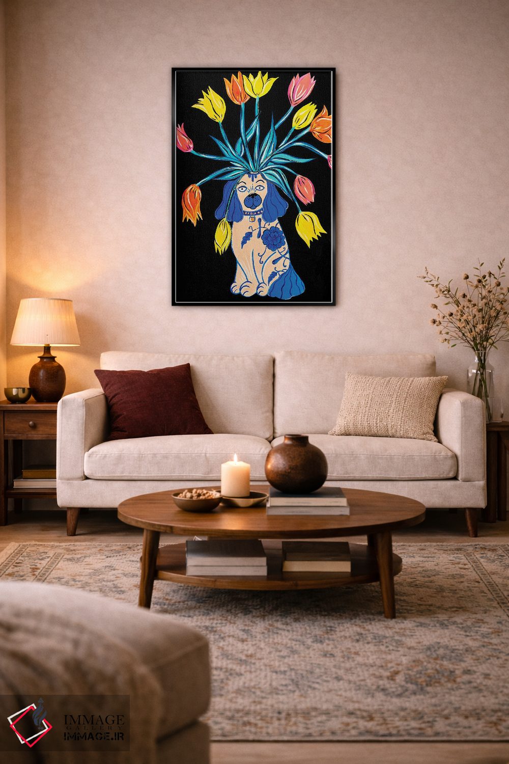 تابلو دکوراتیو سگ استافوردشایر با گل های لاله اثر نیکولتا پینتس - D4B