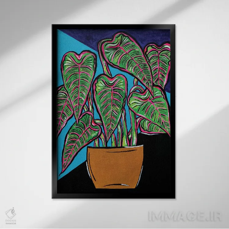 تابلو دکوراتیو گیاه گلدانی در رنگ های آبی و مشکی اثر نیکولتا پینتس - نمای قابدار مشکی