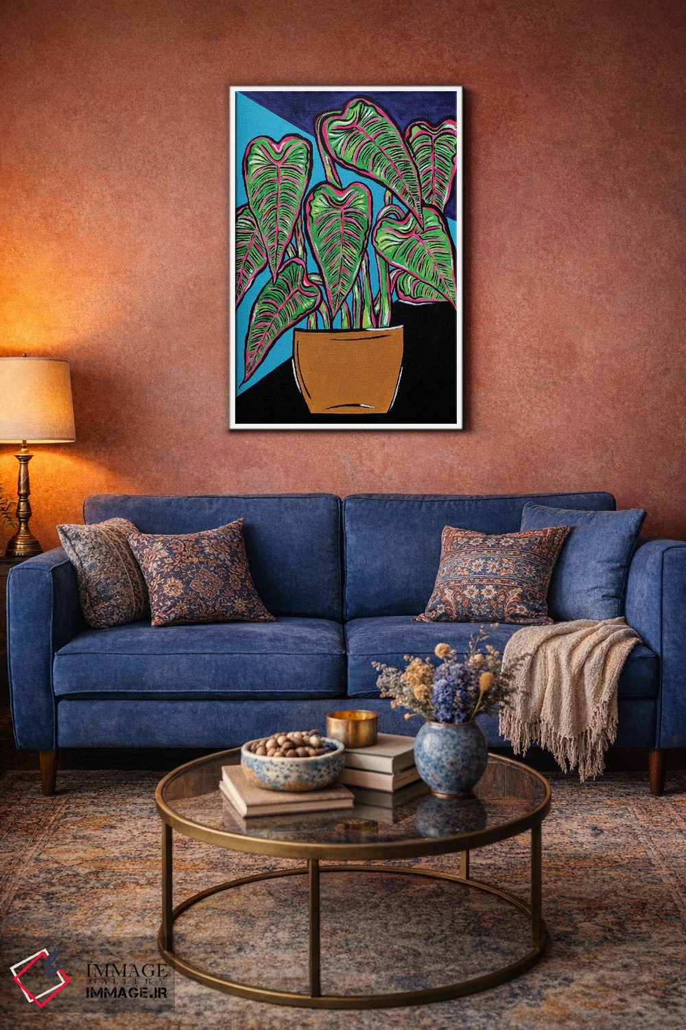 تابلو دکوراتیو گیاه گلدانی در رنگ های آبی و مشکی اثر نیکولتا پینتس - D2W