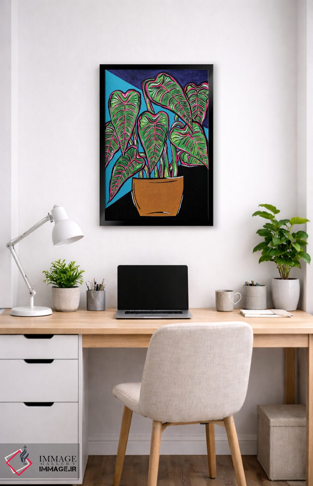 تابلو دکوراتیو گیاه گلدانی در رنگ های آبی و مشکی اثر نیکولتا پینتس - D4B