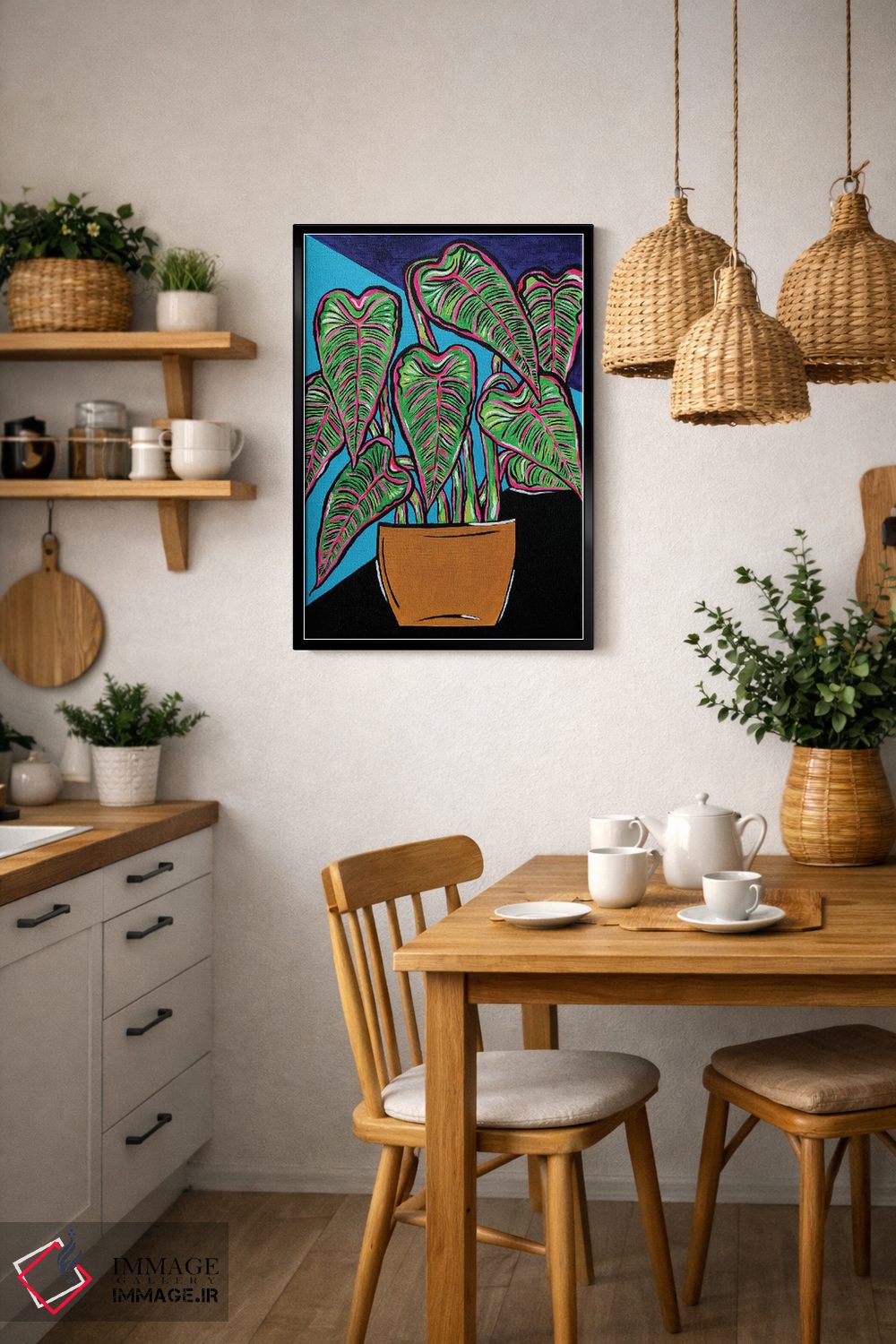 تابلو دکوراتیو گیاه گلدانی در رنگ های آبی و مشکی اثر نیکولتا پینتس - D5B