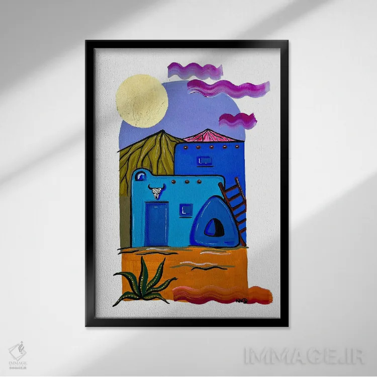 تابلو دکوراتیو خانه آجری آبی اثر نیکولتا پینتس - نمای قابدار مشکی