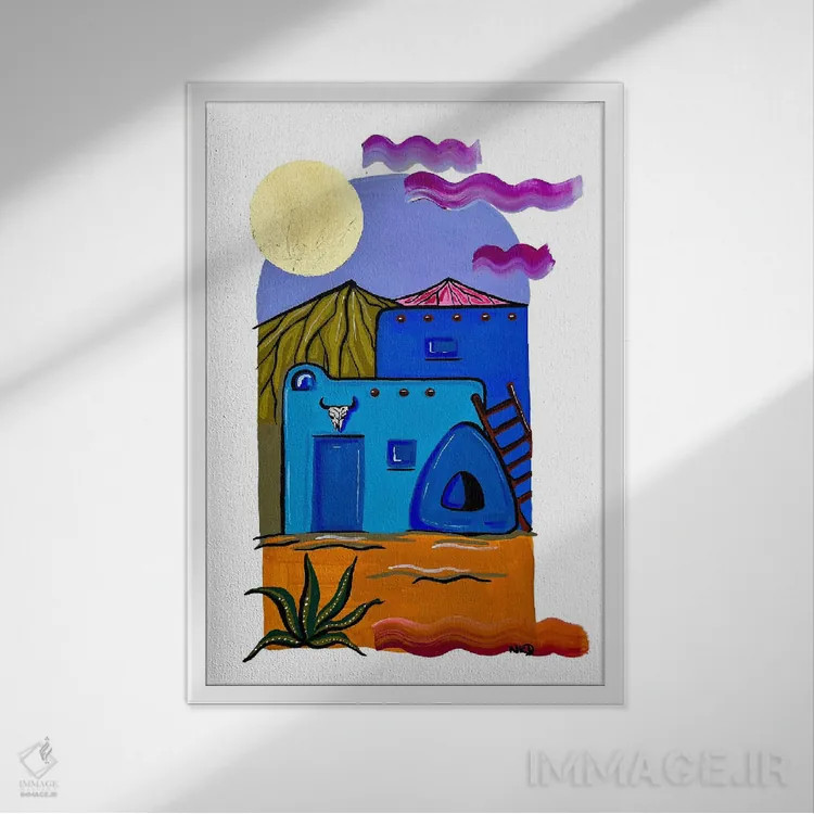 تابلو دکوراتیو خانه آجری آبی اثر نیکولتا پینتس - نمای قابدار سفید