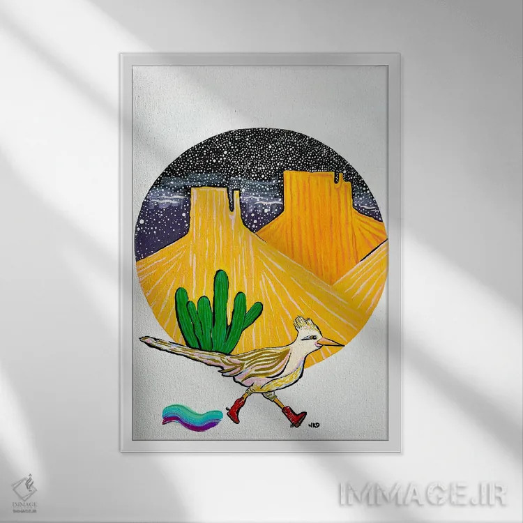 تابلو دکوراتیو دونده جاده ای با چکمه گاوچرانی اثر نیکولتا پینتس - نمای قابدار سفید