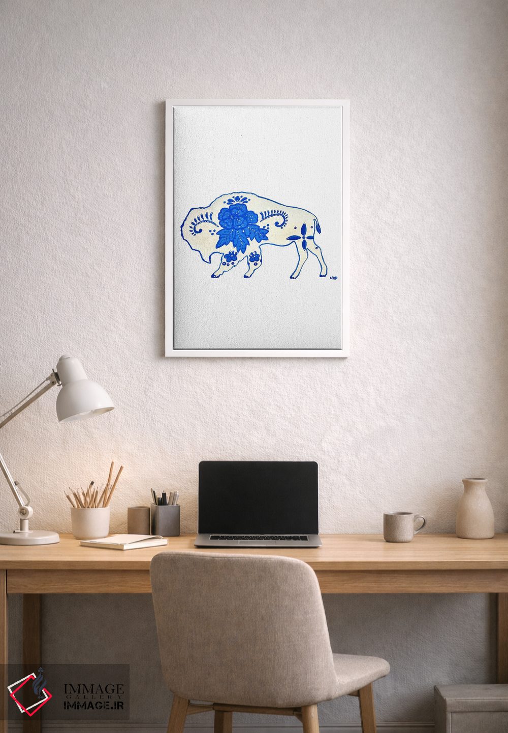 تابلو دکوراتیو بوفالوی آبی و سفید اثر نیکولتا پینتس - D2W
