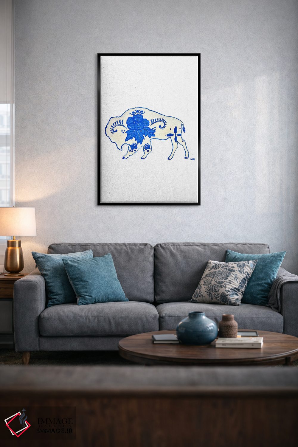 تابلو دکوراتیو بوفالوی آبی و سفید اثر نیکولتا پینتس - D6B