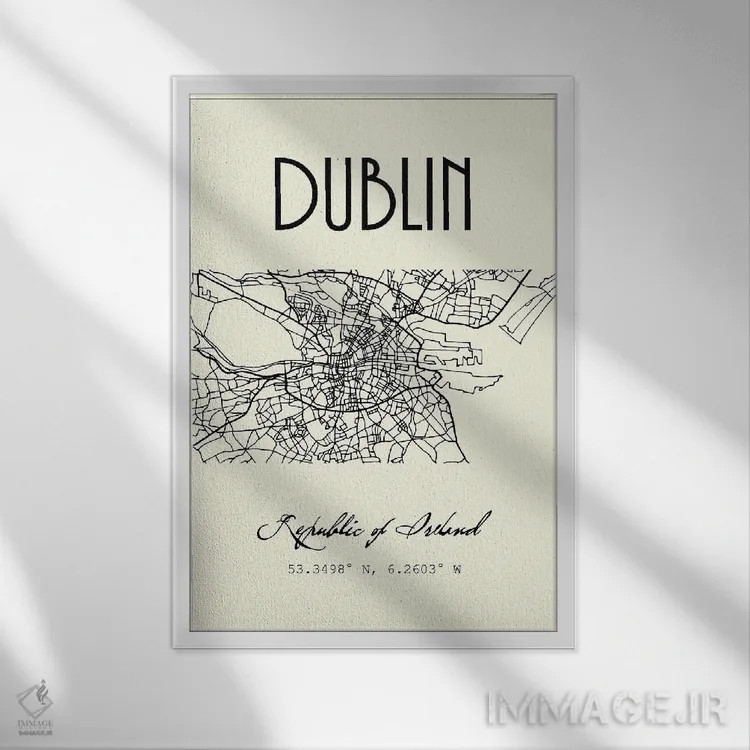 تابلو مدرن نقشه شهر دوبلین اثر نوردیک پرینت استودیو - نمای قابدار سفید