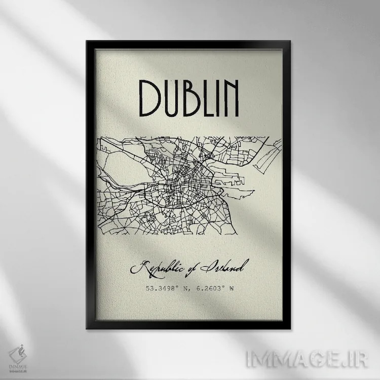 تابلو مدرن نقشه شهر دوبلین اثر نوردیک پرینت استودیو - نمای قابدار مشکی