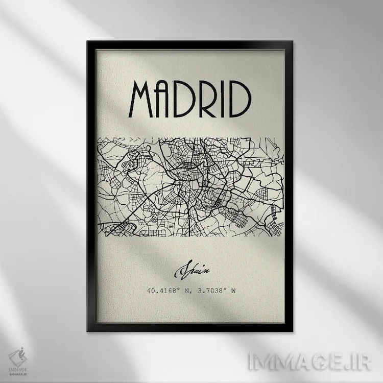 تابلو مدرن نقشه شهر مادرید اثر نوردیک پرینت استودیو - نمای قابدار مشکی