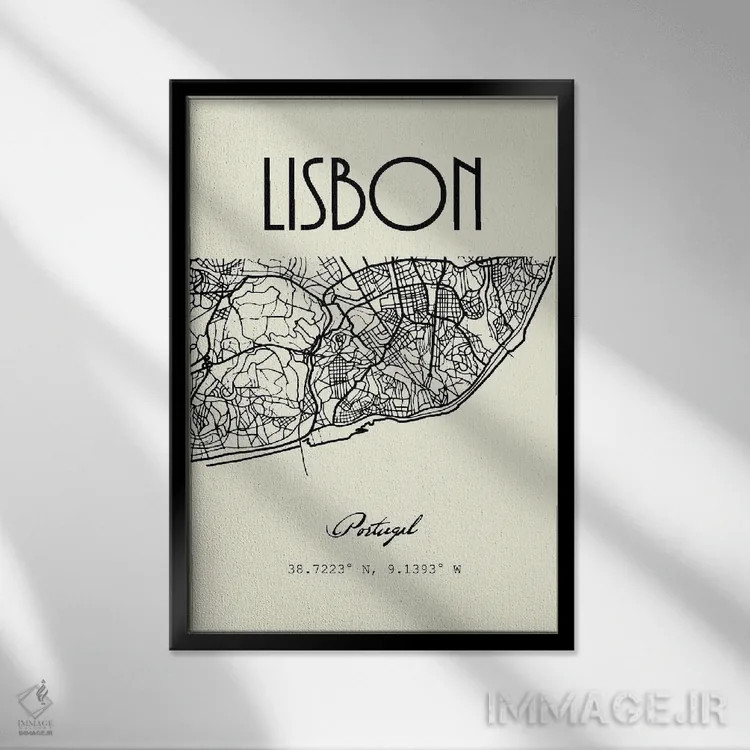 تابلو مدرن نقشه شهر لیسبون اثر نوردیک پرینت استودیو - نمای قابدار مشکی