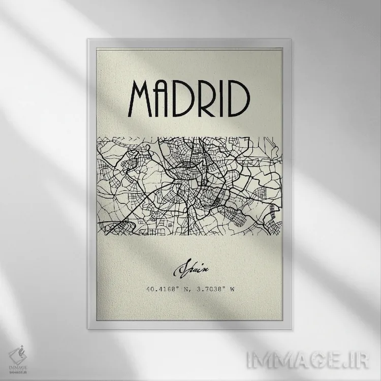 تابلو مدرن نقشه شهر مادرید اثر نوردیک پرینت استودیو - نمای قابدار سفید