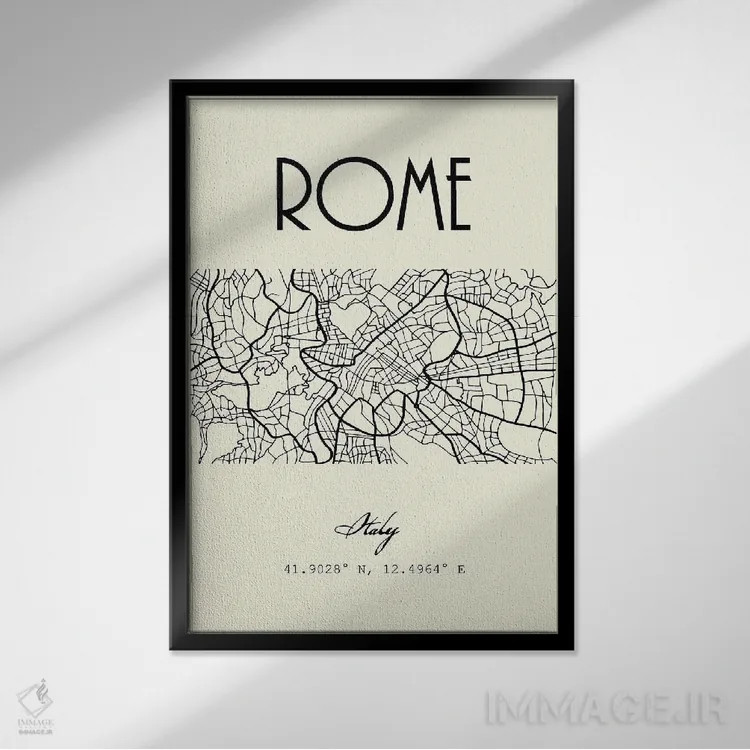 تابلو مدرن نقشه شهر رم اثر نوردیک پرینت استودیو - نمای قابدار مشکی
