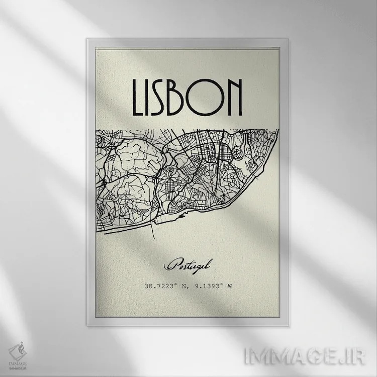 تابلو مدرن نقشه شهر لیسبون اثر نوردیک پرینت استودیو - نمای قابدار سفید