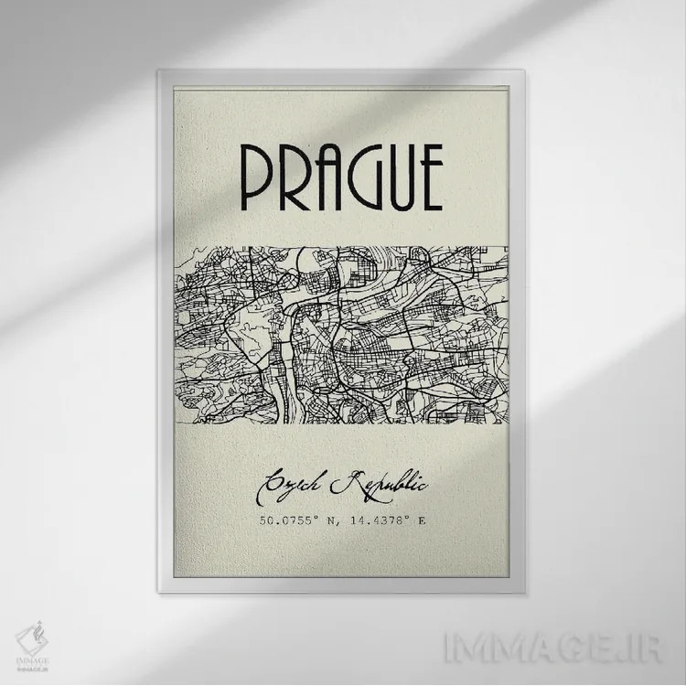 تابلو مدرن نقشه شهر پراگ اثر نوردیک پرینت استودیو - نمای قابدار سفید