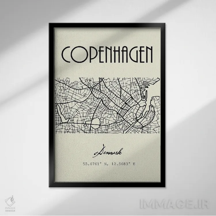 تابلو مدرن نقشه شهر کپنهاگ اثر نوردیک پرینت استودیو - نمای قابدار مشکی