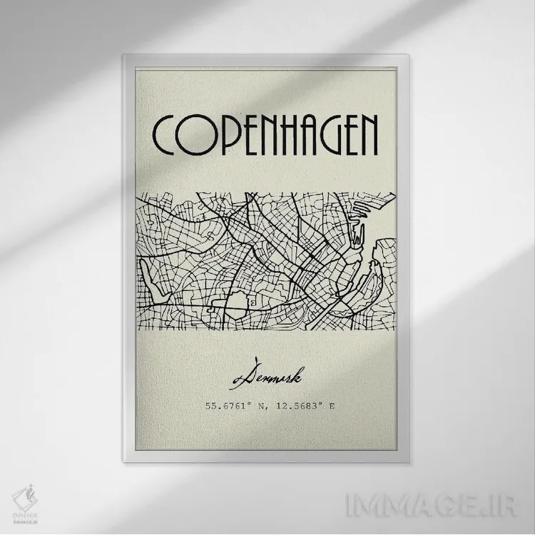 تابلو مدرن نقشه شهر کپنهاگ اثر نوردیک پرینت استودیو - نمای قابدار سفید