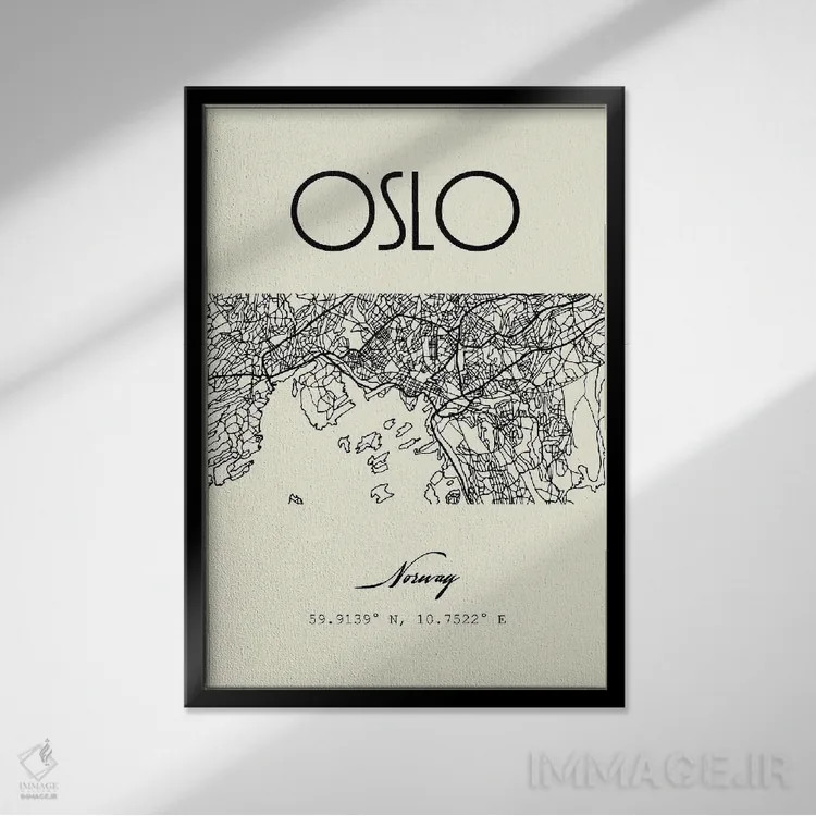 تابلو مدرن نقشه شهر اسلو اثر نوردیک پرینت استودیو - نمای قابدار مشکی