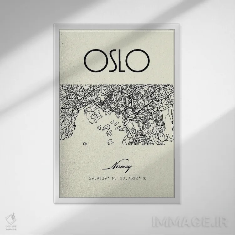 تابلو مدرن نقشه شهر اسلو اثر نوردیک پرینت استودیو - نمای قابدار سفید