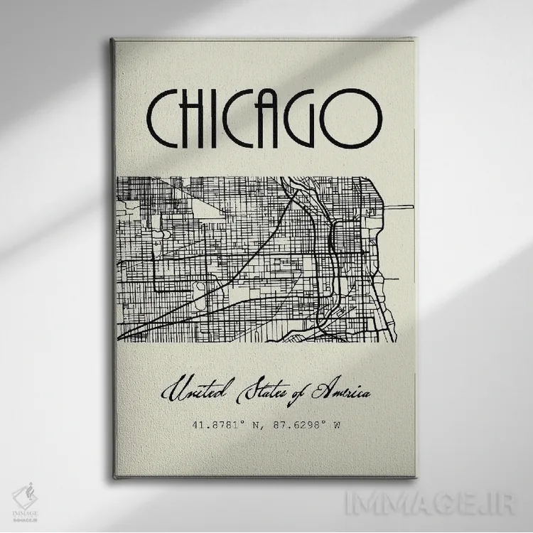 تابلو مدرن نقشه شهر شیکاگو اثر نوردیک پرینت استودیو - نمای روبهرو روی دیوار